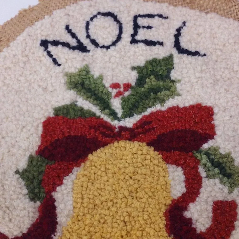 Vintage 80s Handmade Tapestry Needlework Christmas Decor NOEL Bell Needs Blocked